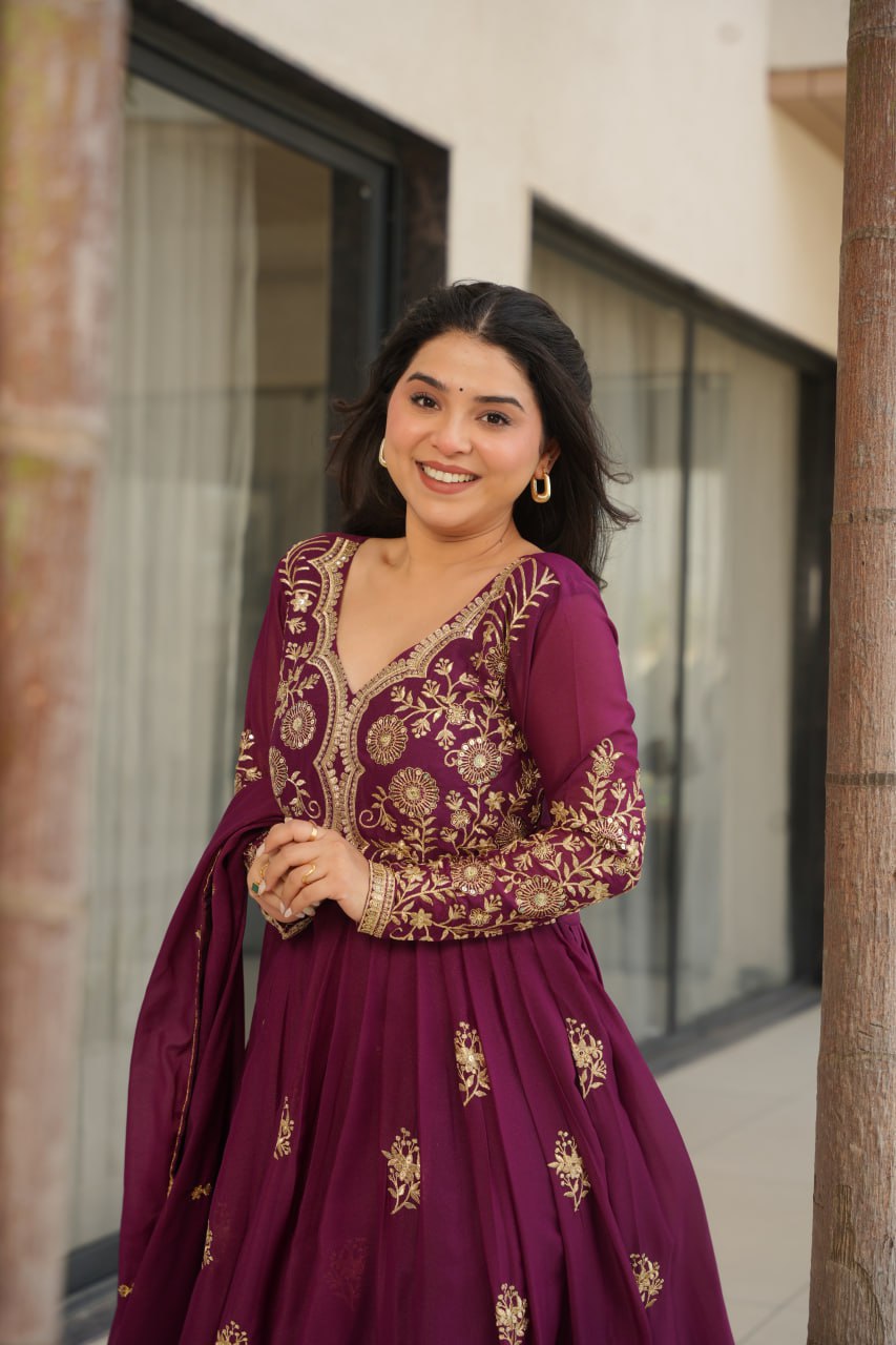 Wine Star Georgette Embroidered Gown with Sequins Work & Designer Dupatta – Festiv Collection