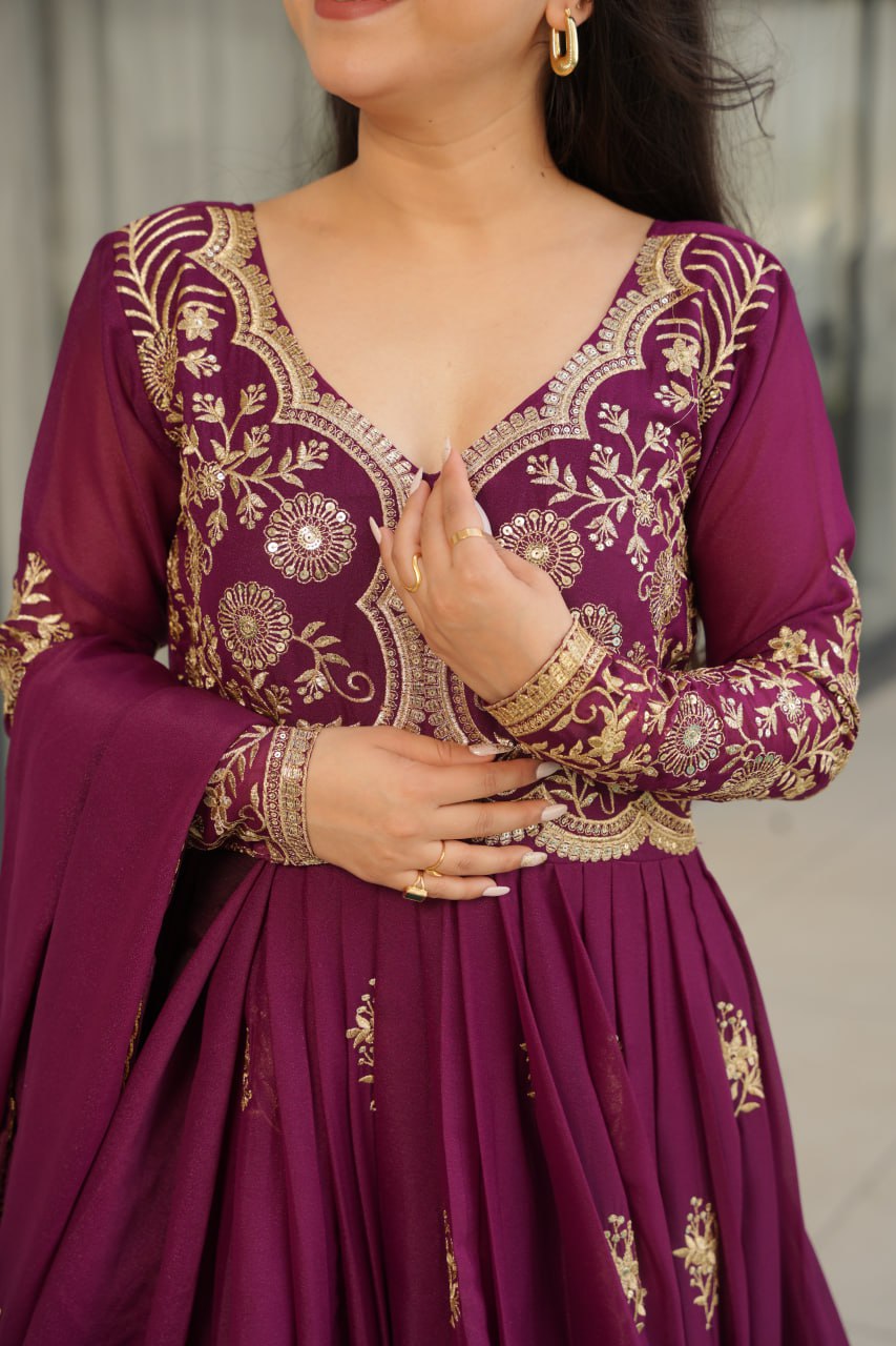 Wine Star Georgette Embroidered Gown with Sequins Work & Designer Dupatta – Festiv Collection