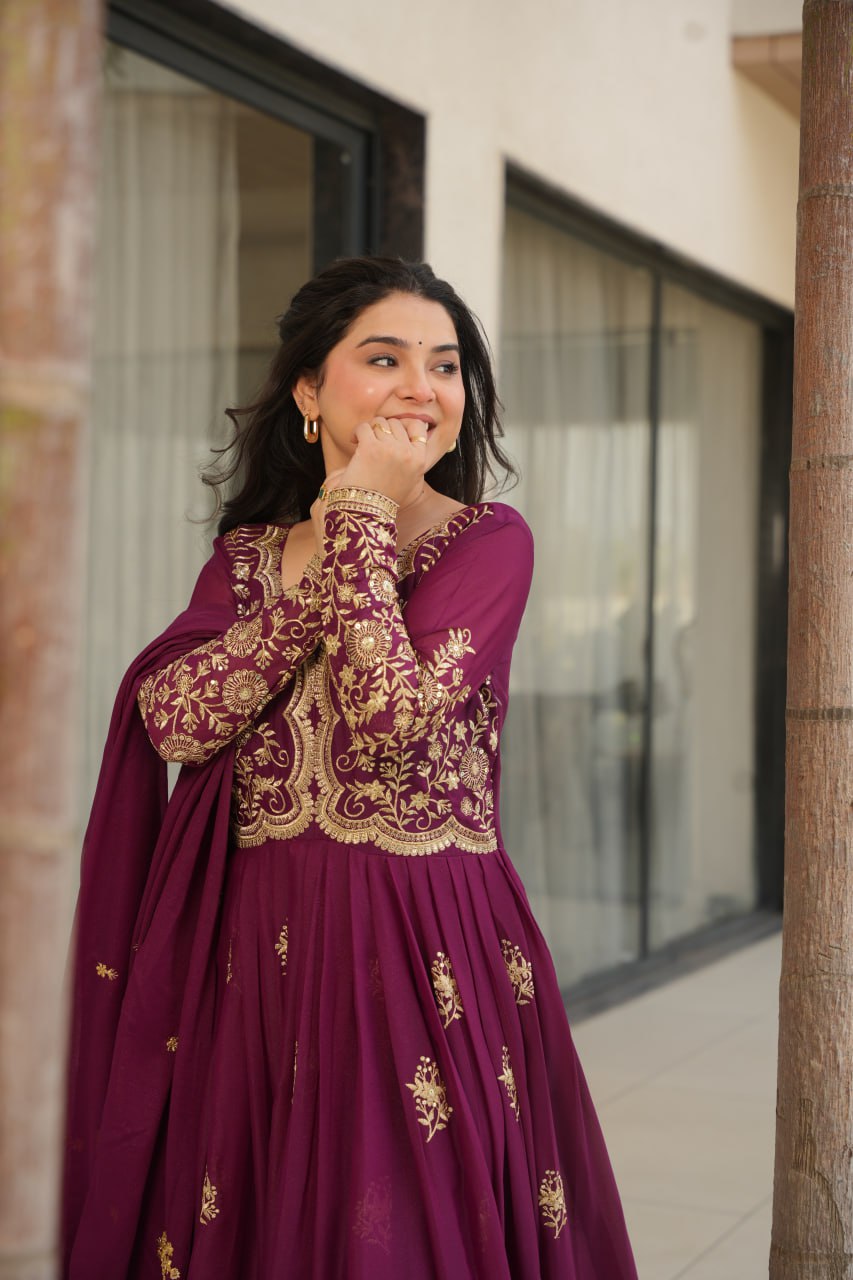 Wine Star Georgette Embroidered Gown with Sequins Work & Designer Dupatta – Festiv Collection
