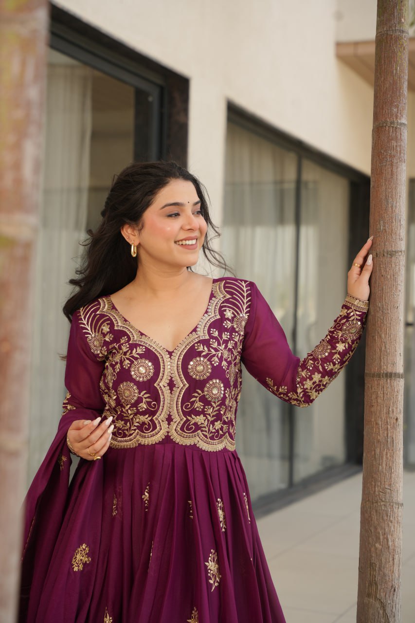 Wine Star Georgette Embroidered Gown with Sequins Work & Designer Dupatta – Festiv Collection