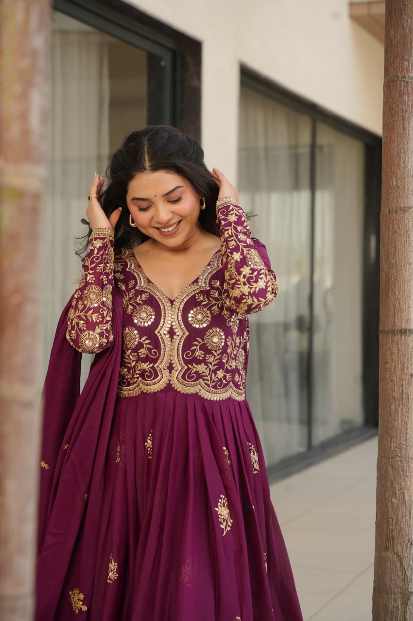 Wine Star Georgette Embroidered Gown with Sequins Work & Designer Dupatta – Festiv Collection