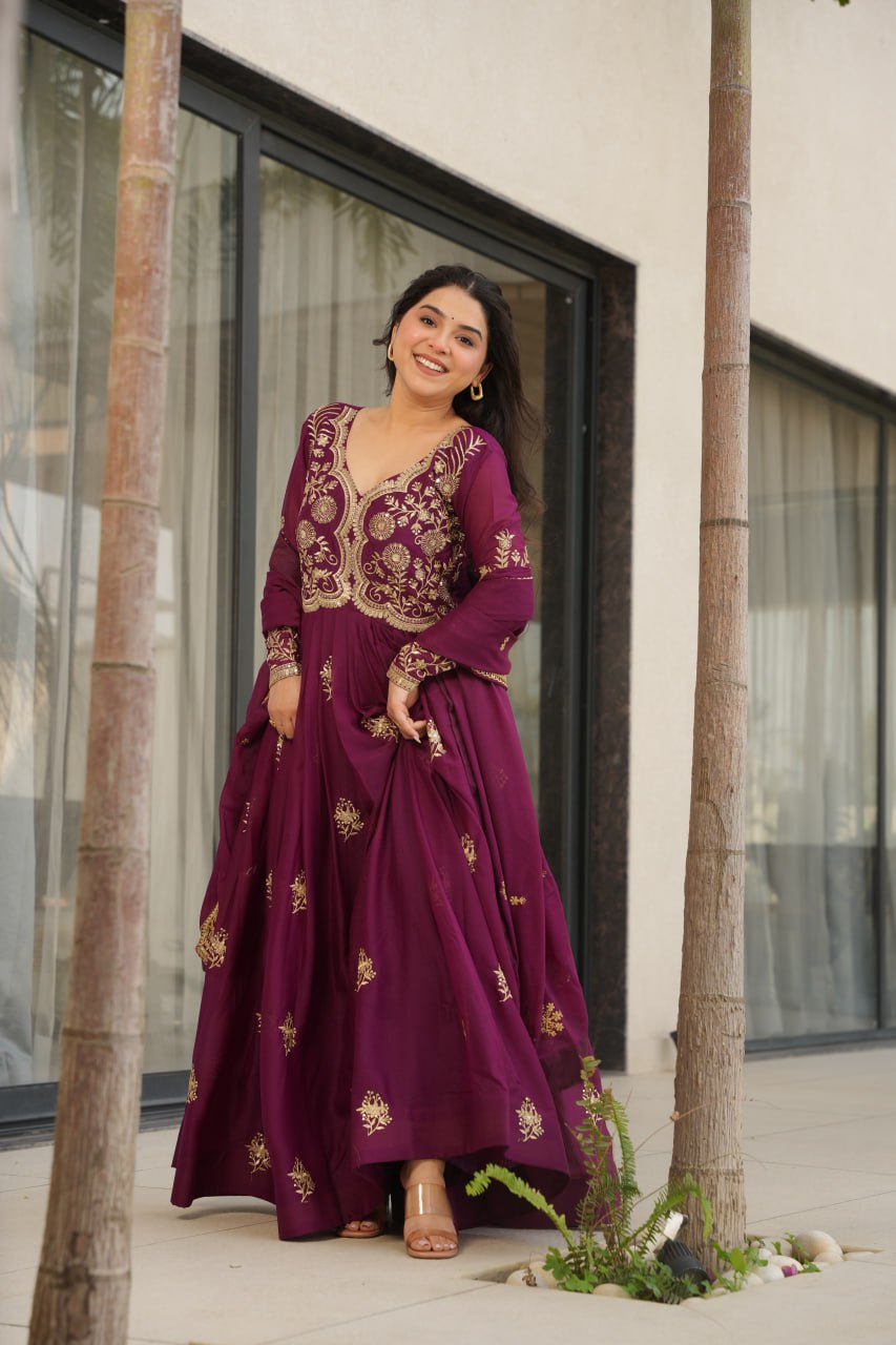 Wine Star Georgette Embroidered Gown with Sequins Work & Designer Dupatta – Festiv Collection