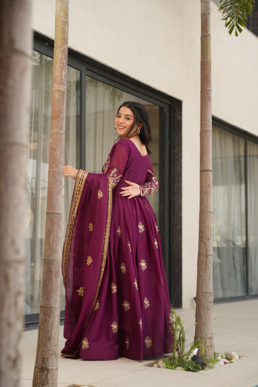 Wine Star Georgette Embroidered Gown with Sequins Work & Designer Dupatta – Festiv Collection
