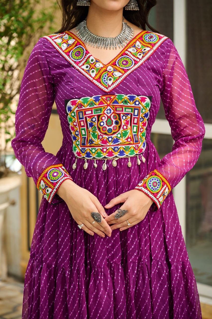 Wine Traditional Laheriya Print Faux Georgette Gown with Kutchi Patchwork – 12 Meter Flair