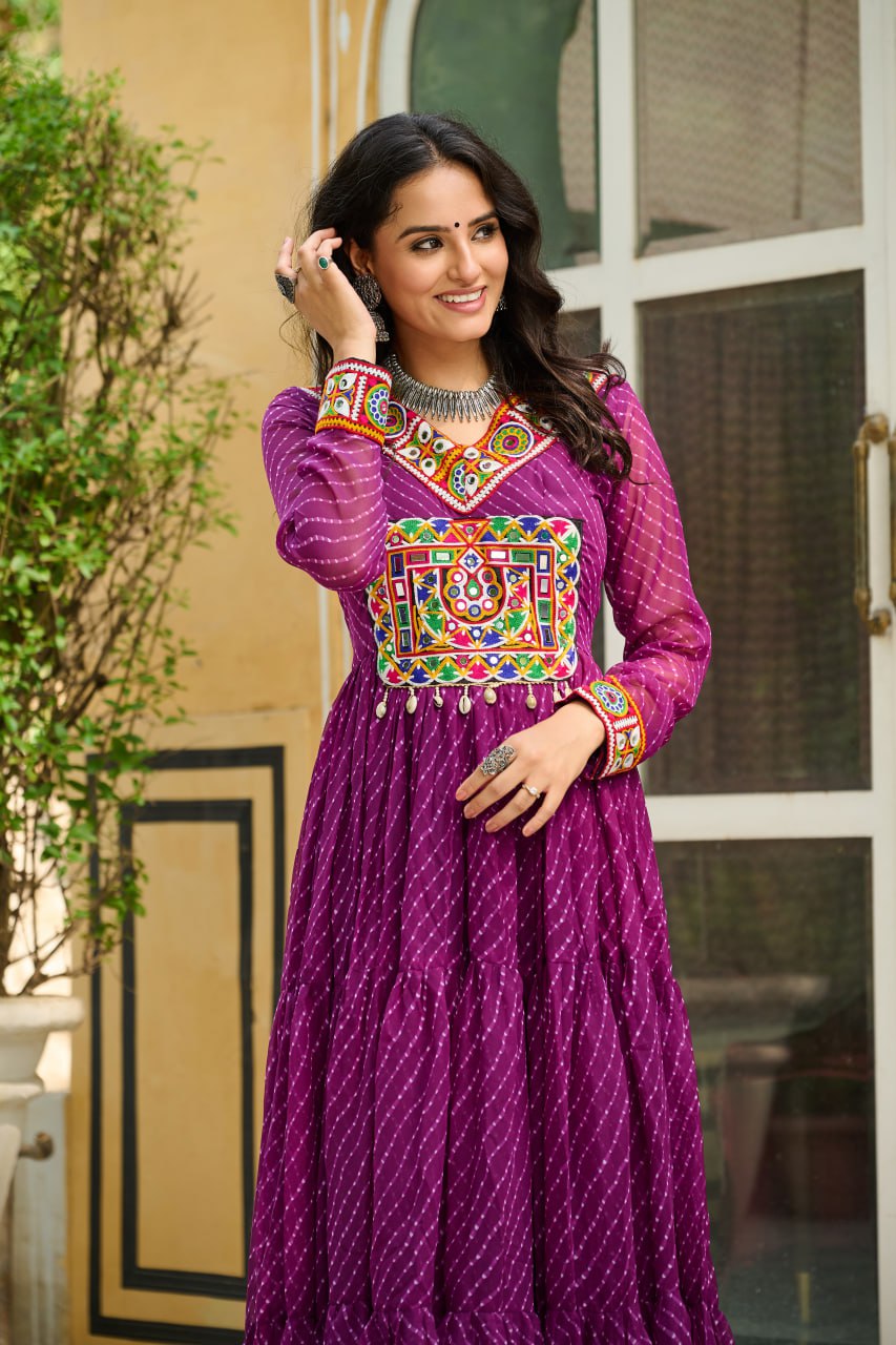Wine Traditional Laheriya Print Faux Georgette Gown with Kutchi Patchwork – 12 Meter Flair