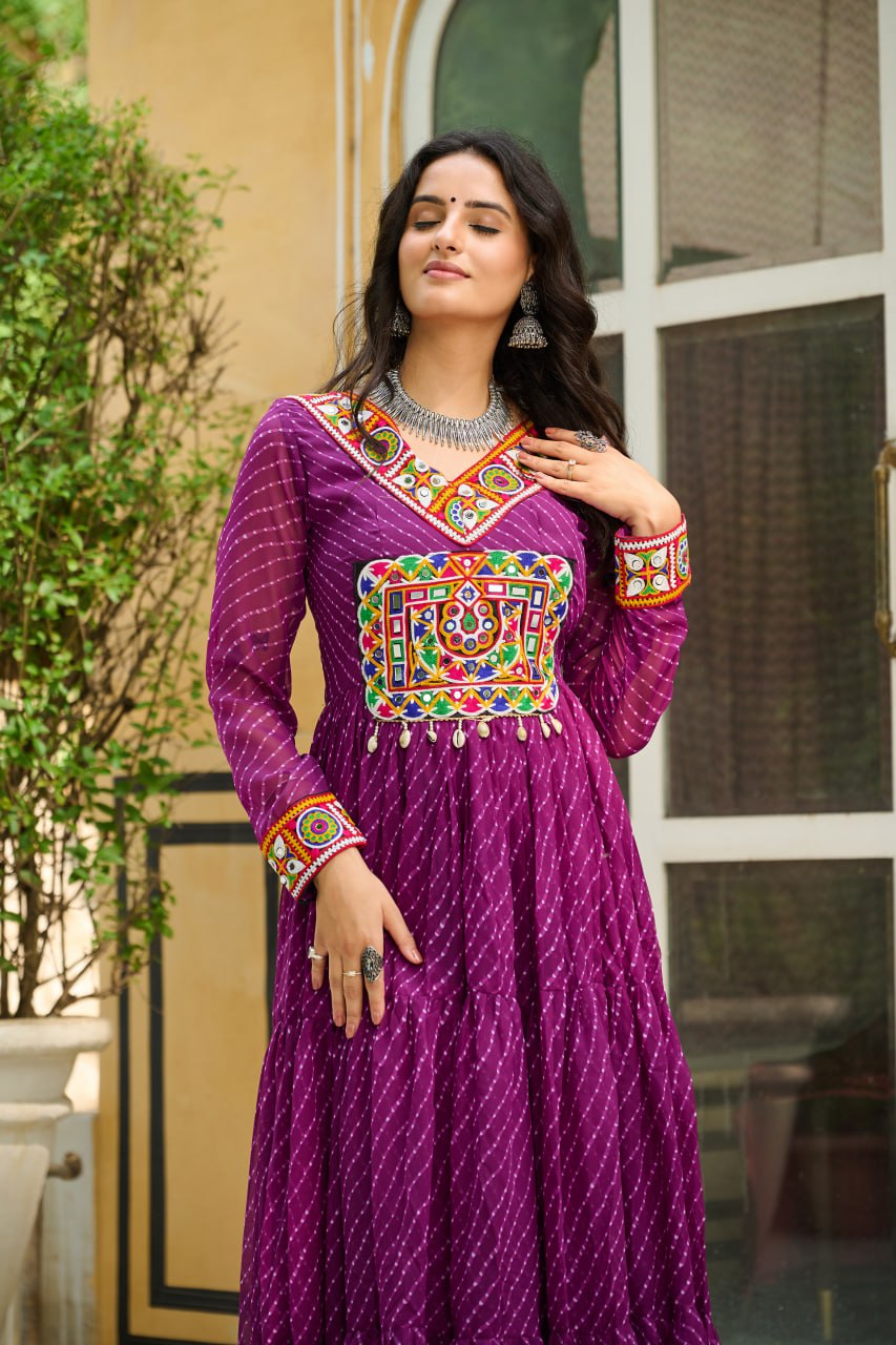 Wine Traditional Laheriya Print Faux Georgette Gown with Kutchi Patchwork – 12 Meter Flair