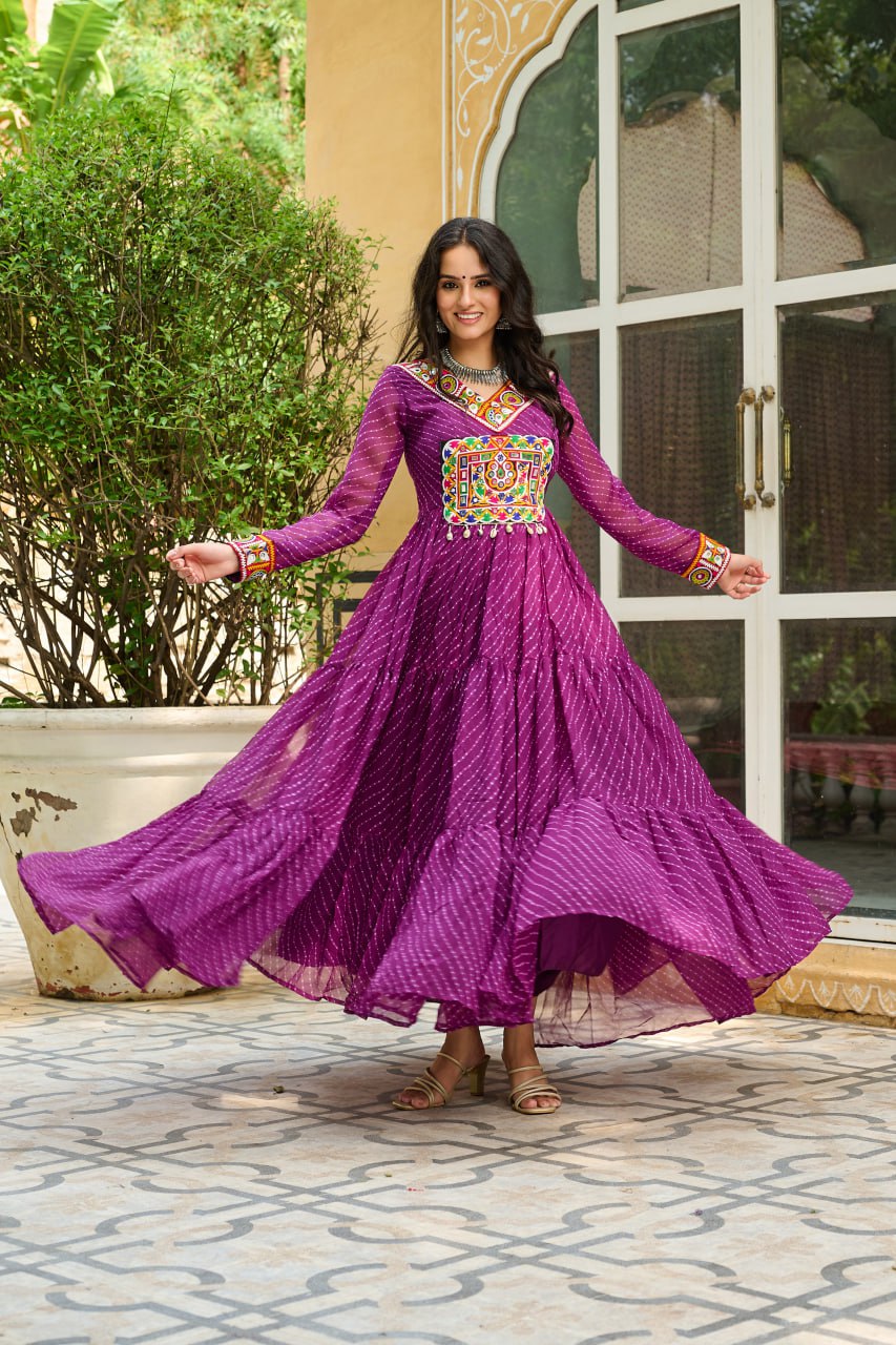 Wine Traditional Laheriya Print Faux Georgette Gown with Kutchi Patchwork – 12 Meter Flair