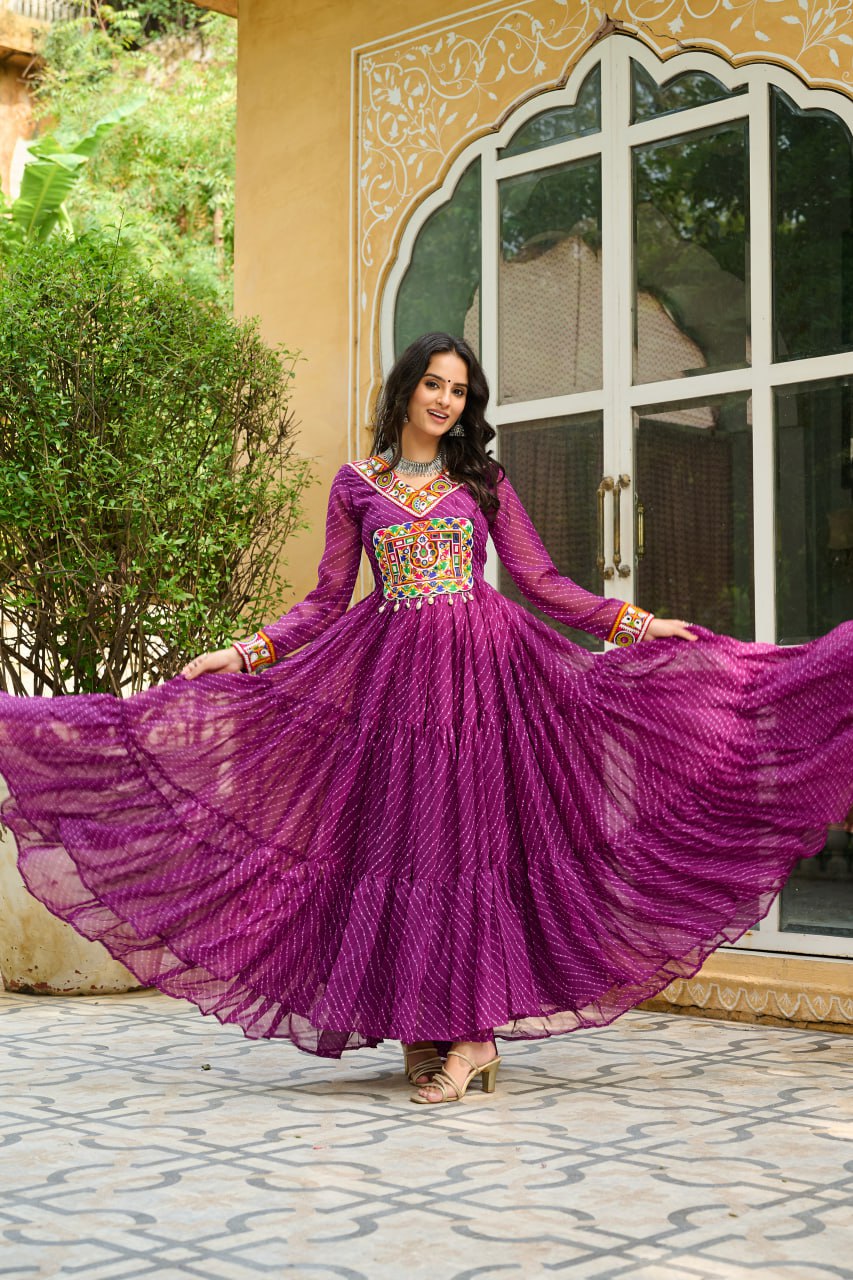Wine Traditional Laheriya Print Faux Georgette Gown with Kutchi Patchwork – 12 Meter Flair