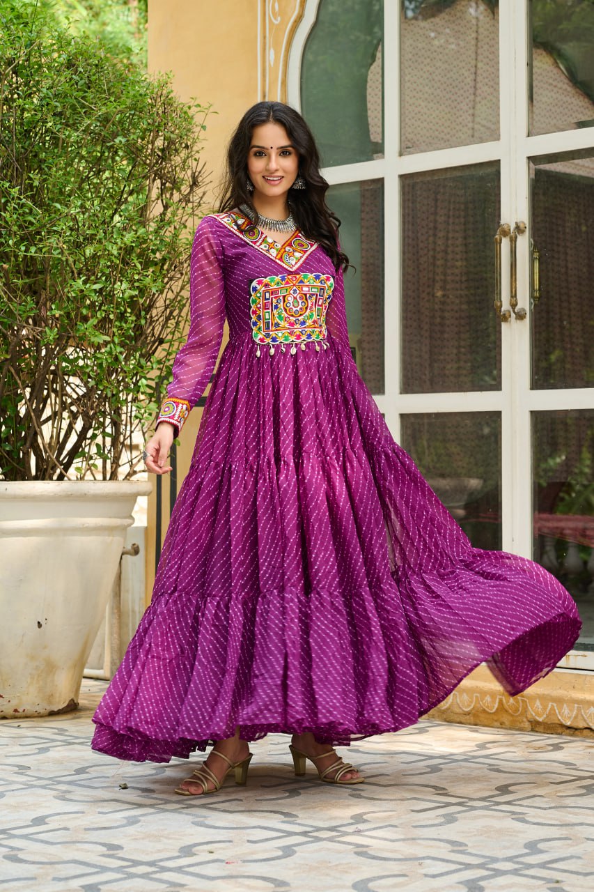 Wine Traditional Laheriya Print Faux Georgette Gown with Kutchi Patchwork – 12 Meter Flair