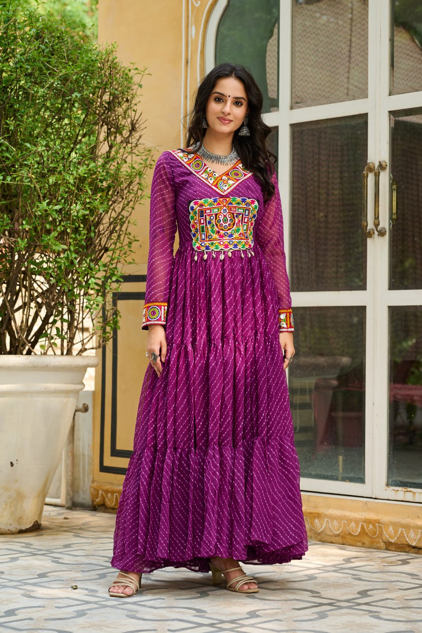 Wine Traditional Laheriya Print Faux Georgette Gown with Kutchi Patchwork – 12 Meter Flair
