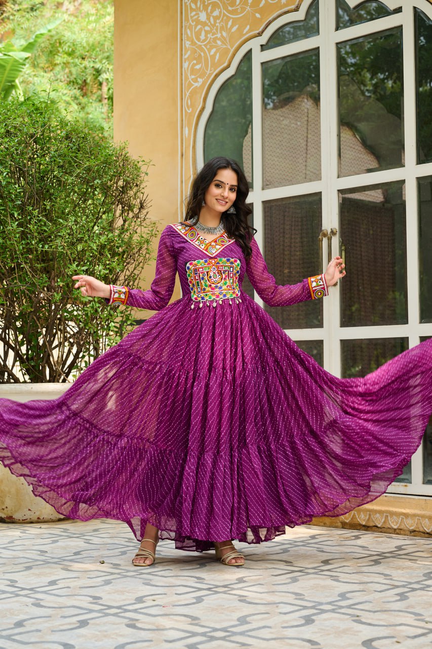 Wine Traditional Laheriya Print Faux Georgette Gown with Kutchi Patchwork – 12 Meter Flair