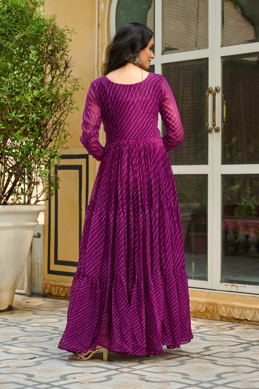 Wine Traditional Laheriya Print Faux Georgette Gown with Kutchi Patchwork – 12 Meter Flair