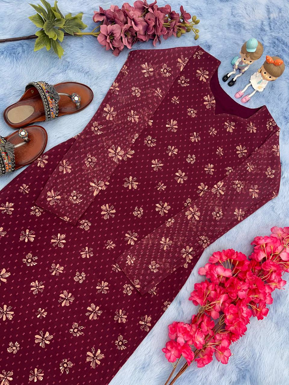Wine Trendy Printed Straight Kurti - Heavy Soft Faux Georgette