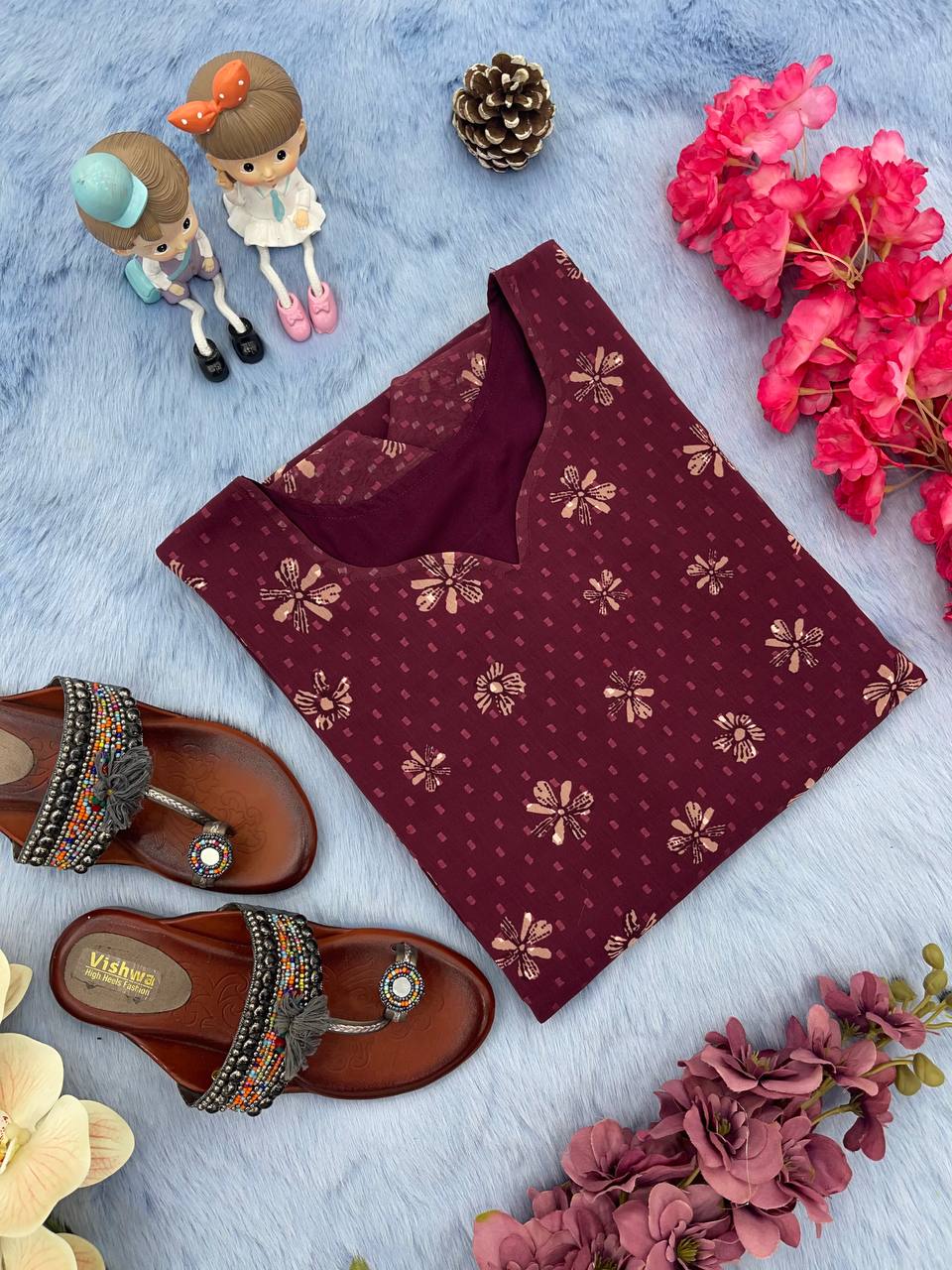 Wine Trendy Printed Straight Kurti - Heavy Soft Faux Georgette
