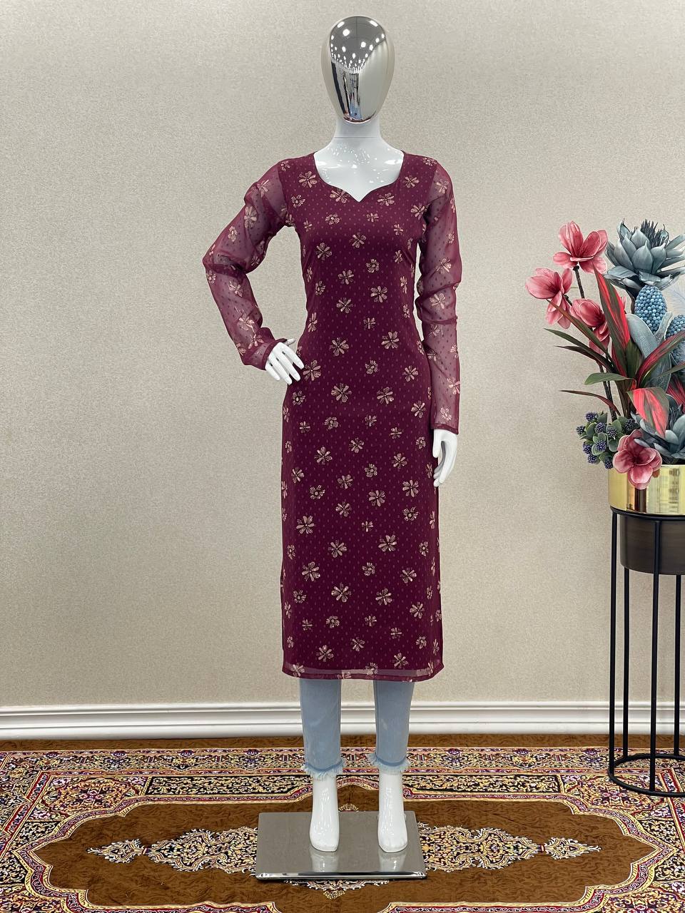 Wine Trendy Printed Straight Kurti - Heavy Soft Faux Georgette