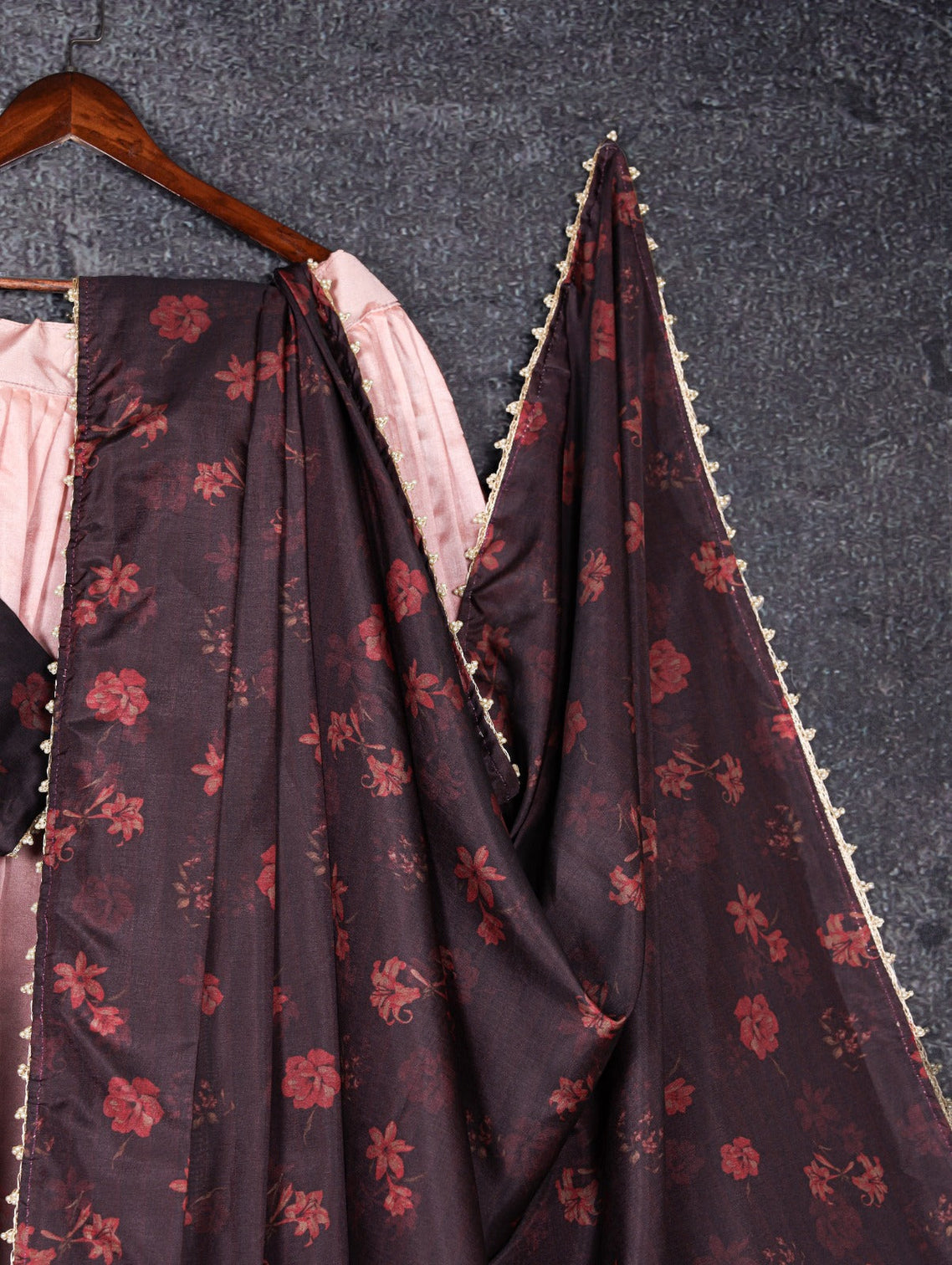 Wine Tussar Silk Floral Lehenga Choli Set