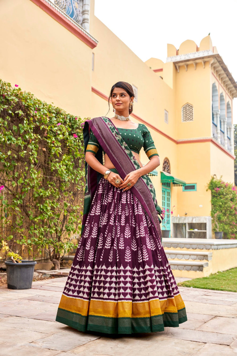 Wine Tussar Silk Lehenga Choli with Printed Foil Work