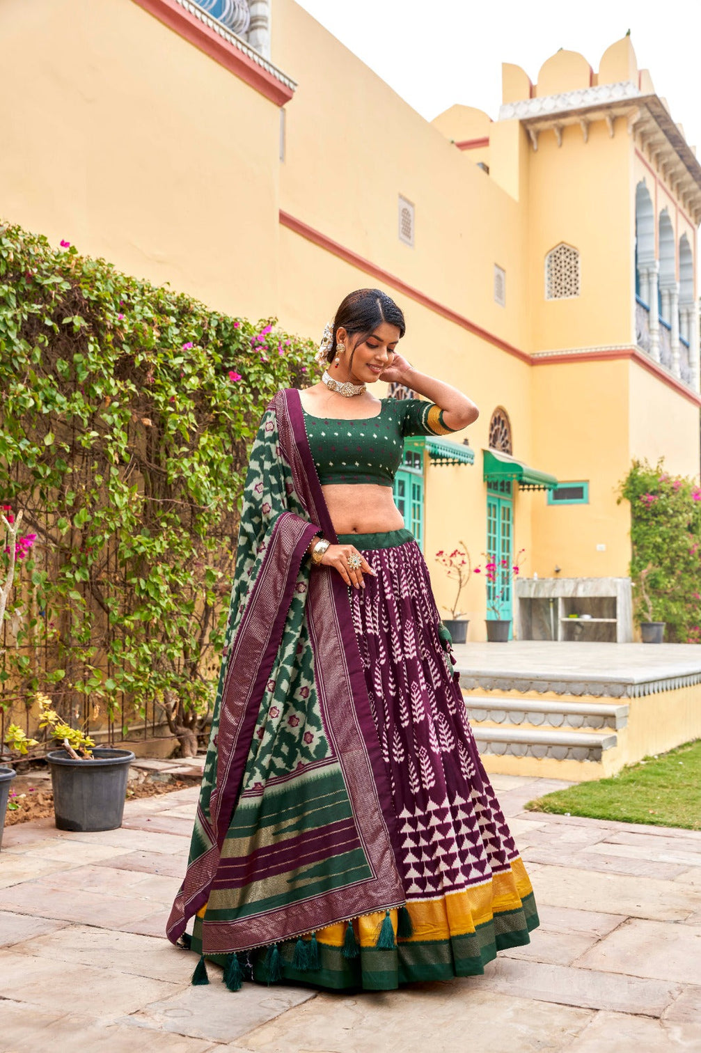 Wine Tussar Silk Lehenga Choli with Printed Foil Work