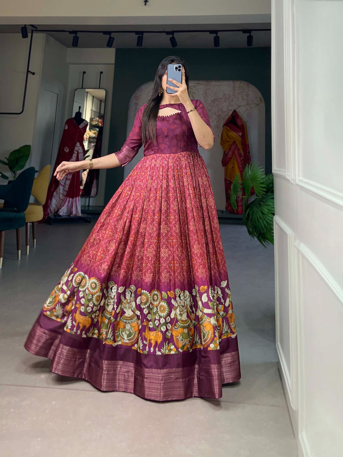 Wine Tussar Silk Printed Gown with Woven Border