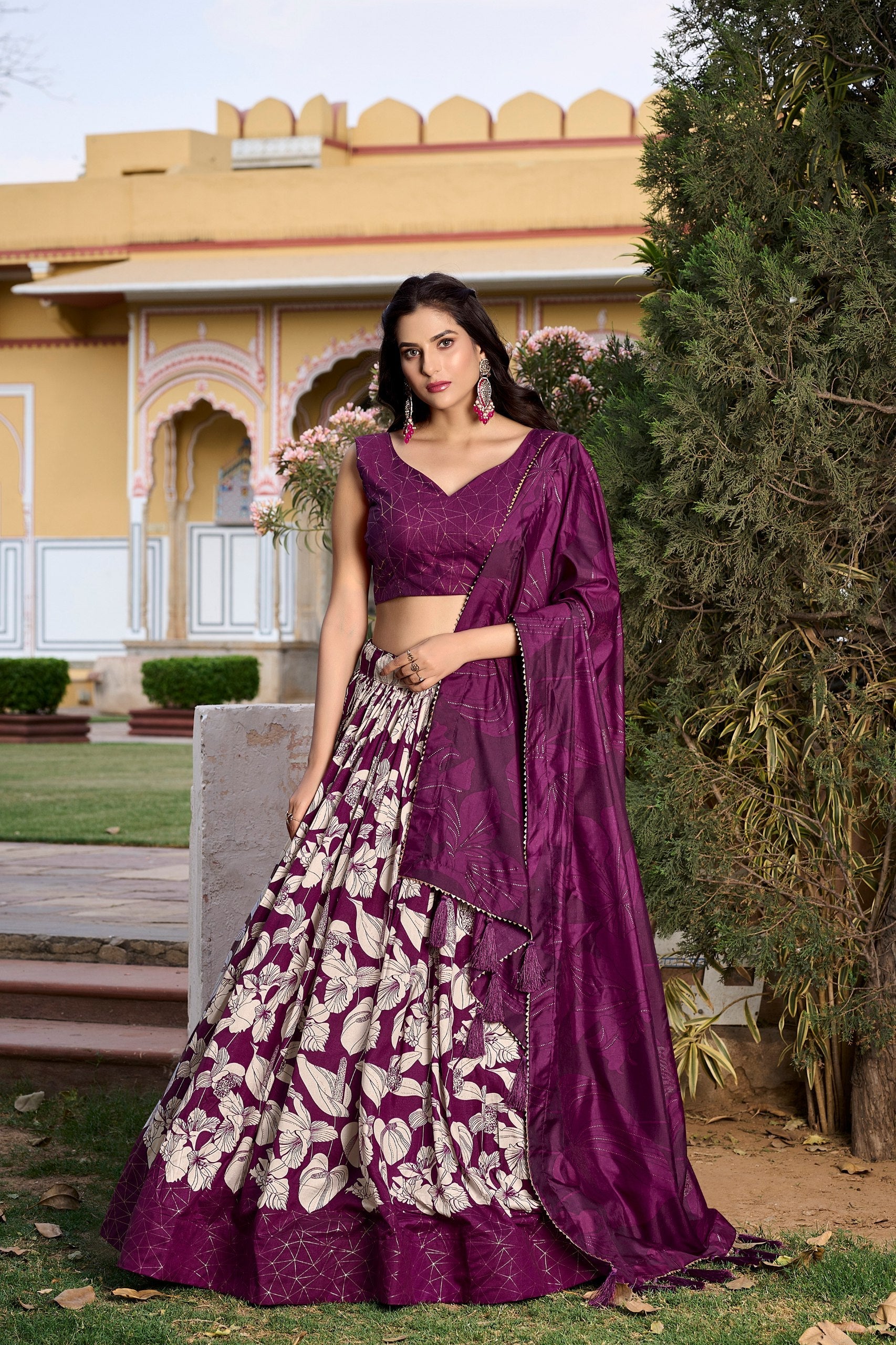 Wine Tussar Silk Printed Lehenga Choli with Foil Work