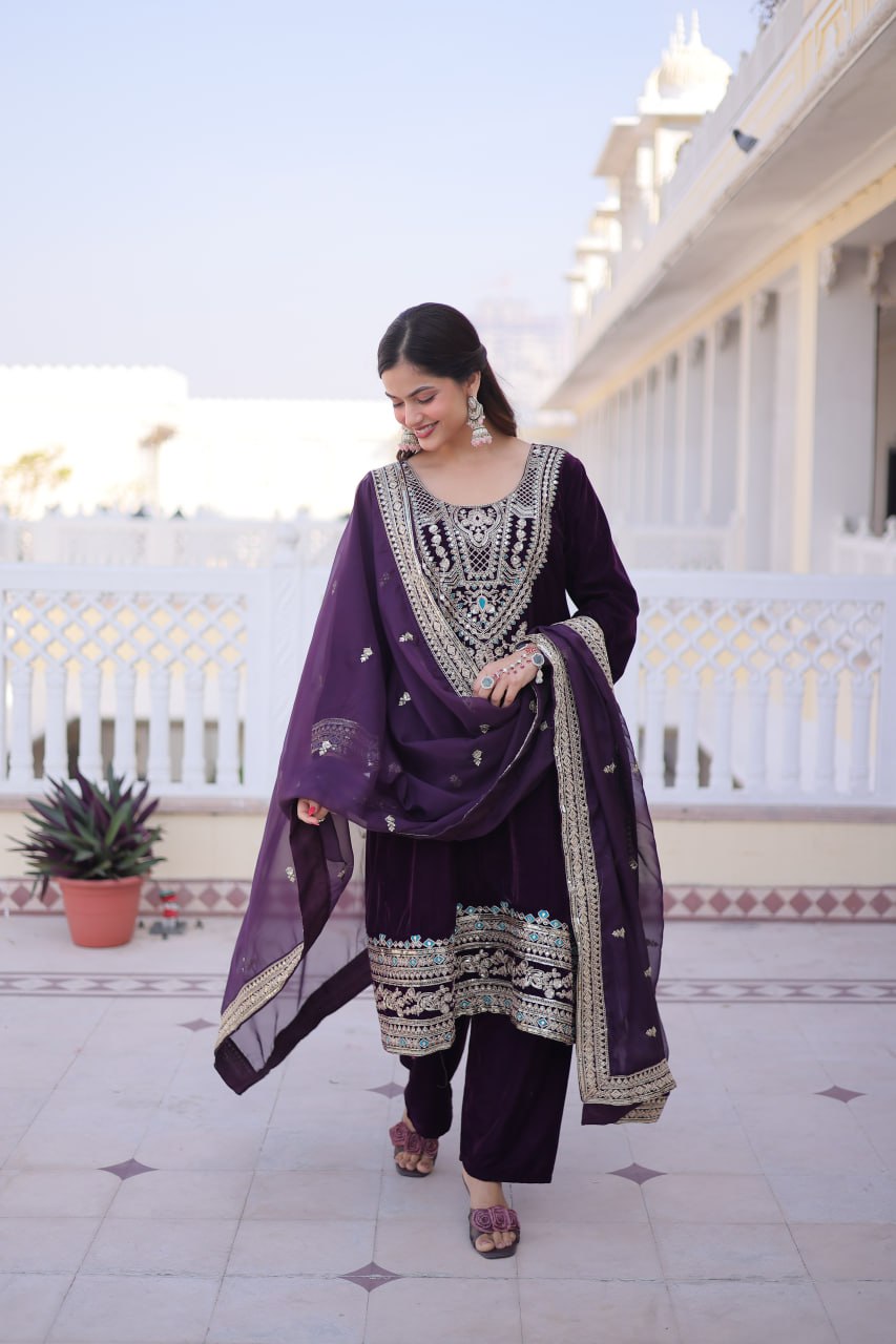Wine Velvet Embroidered Top Pant Set