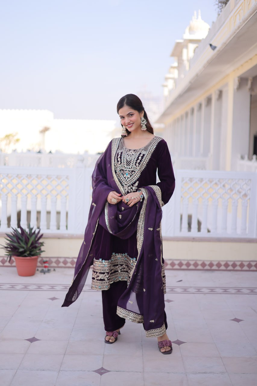 Wine Velvet Embroidered Top Pant Set