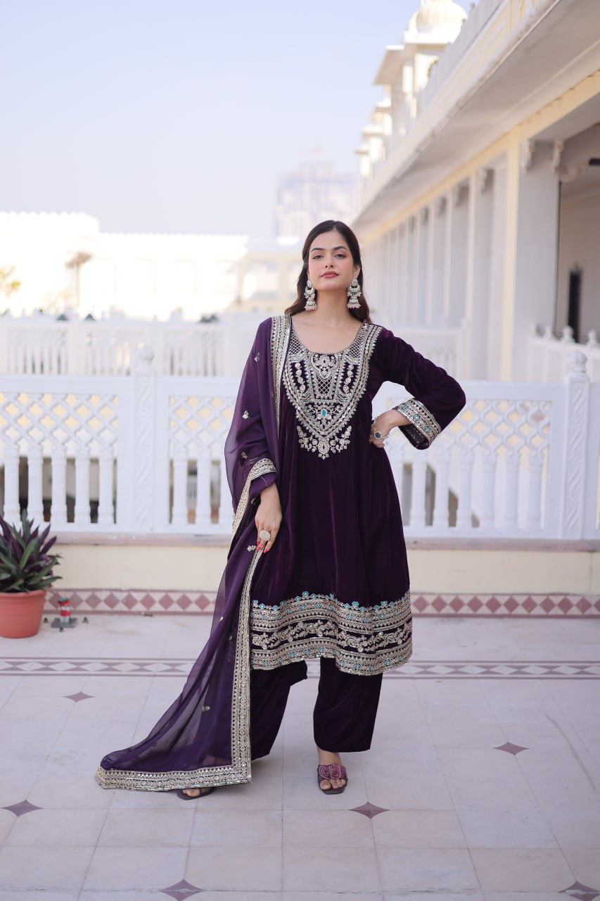 Wine Velvet Embroidered Top Pant Set