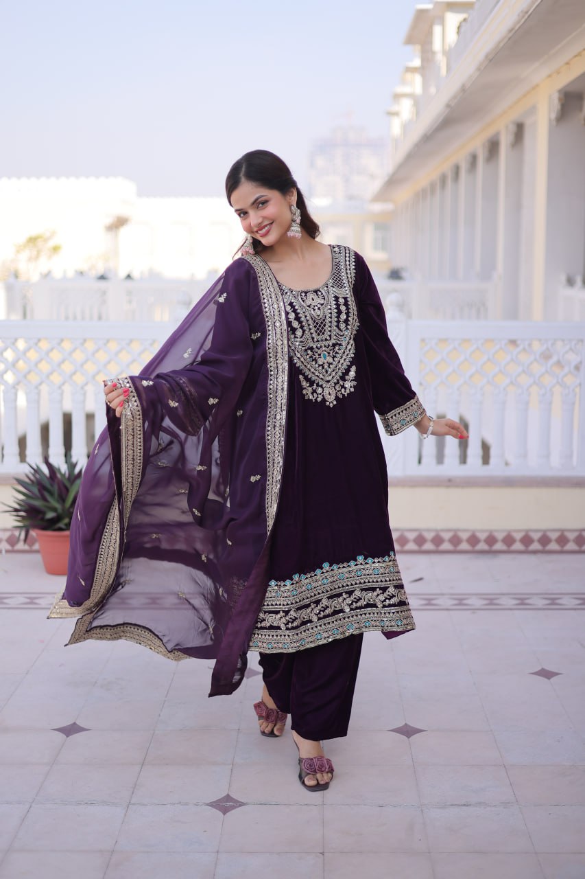 Wine Velvet Embroidered Top Pant Set