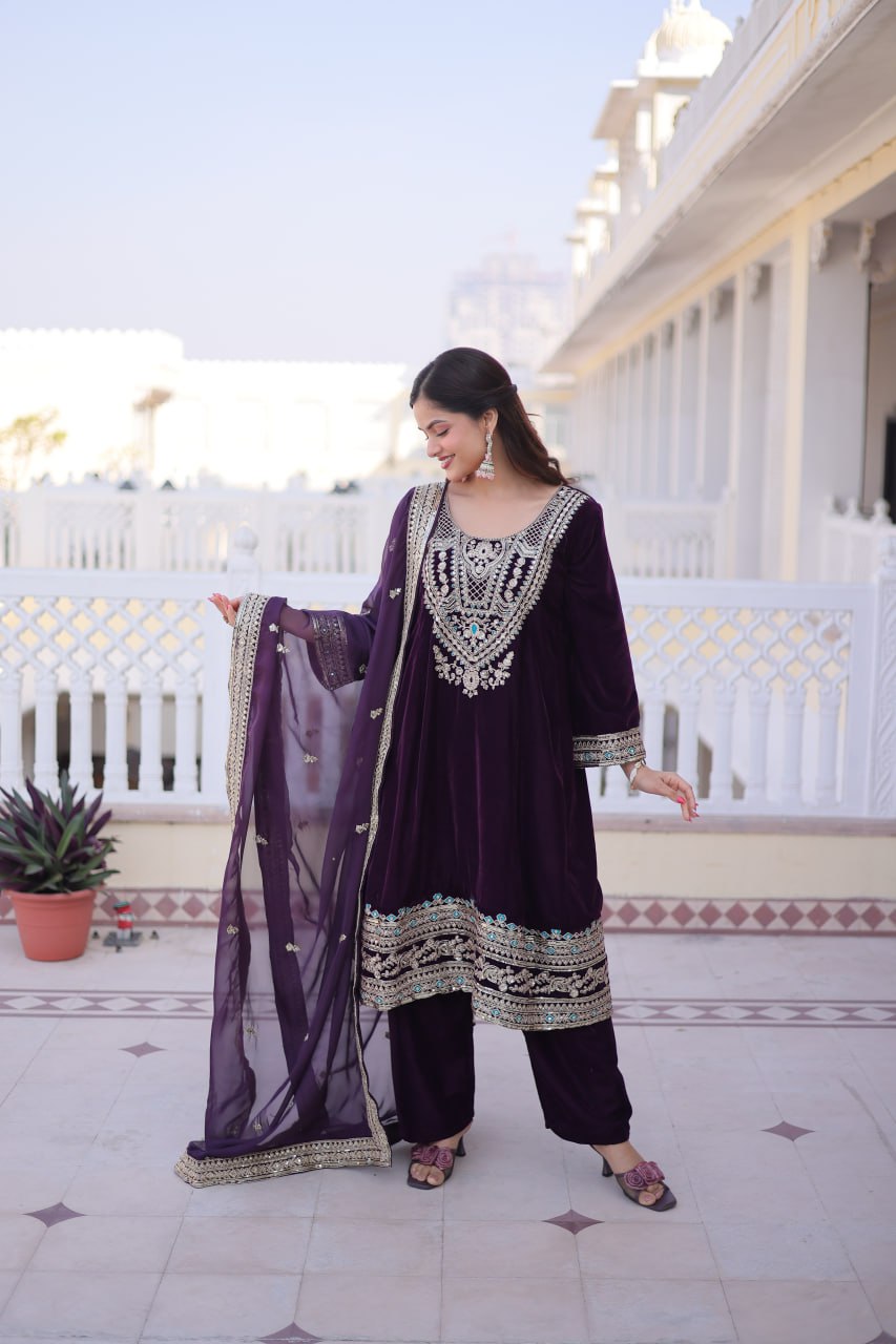 Wine Velvet Embroidered Top Pant Set