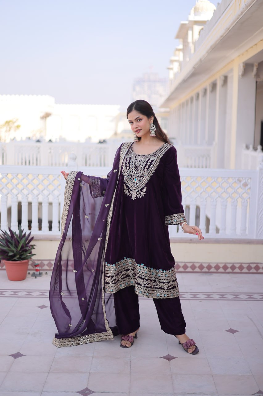 Wine Velvet Embroidered Top Pant Set