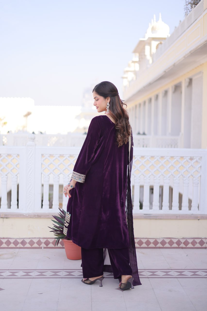 Wine Velvet Embroidered Top Pant Set
