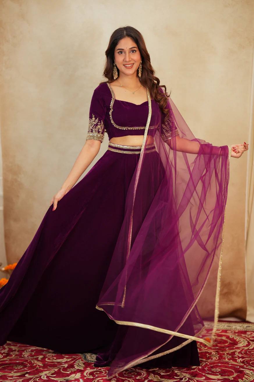 Wine Velvet Lehenga Choli Set