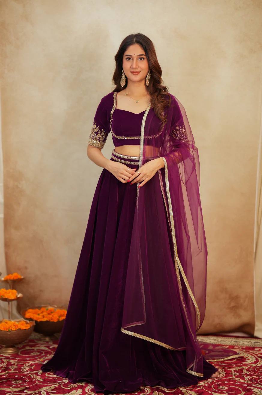 Wine Velvet Lehenga Choli Set