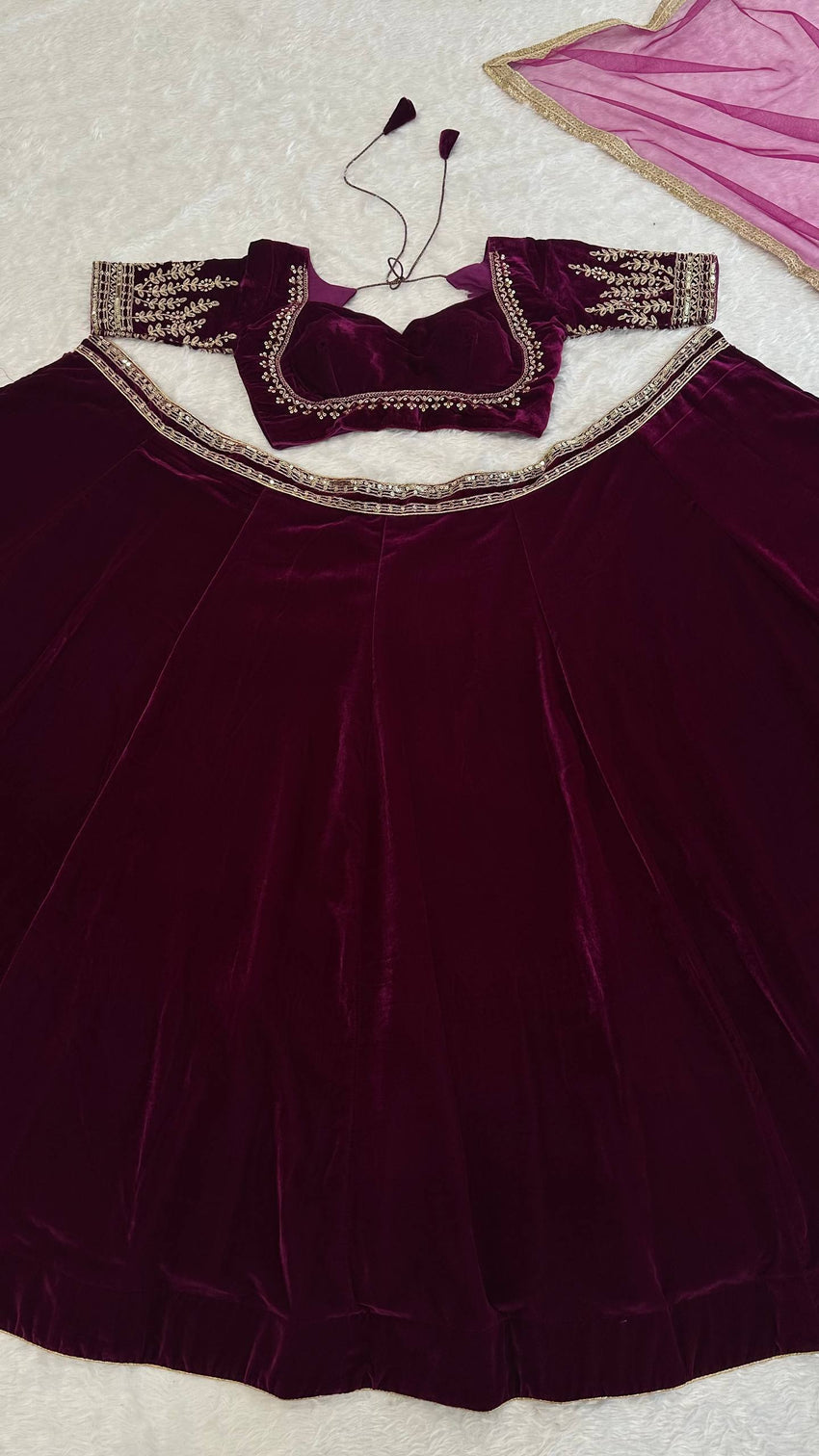 Wine Velvet Lehenga Choli Set