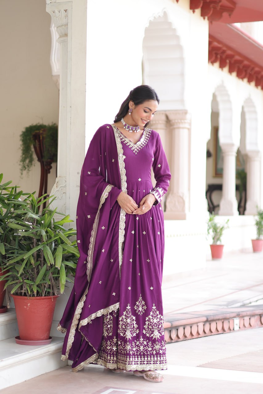 Wine Vichitra Silk Sequins Embroidered Anarkali Gown with Fancy V-Neck & Designer Dupatta – Fully Stitched Party & Festive Wear