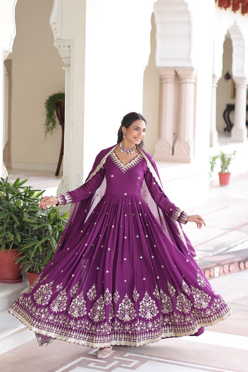 Wine Vichitra Silk Sequins Embroidered Anarkali Gown with Fancy V-Neck & Designer Dupatta – Fully Stitched Party & Festive Wear