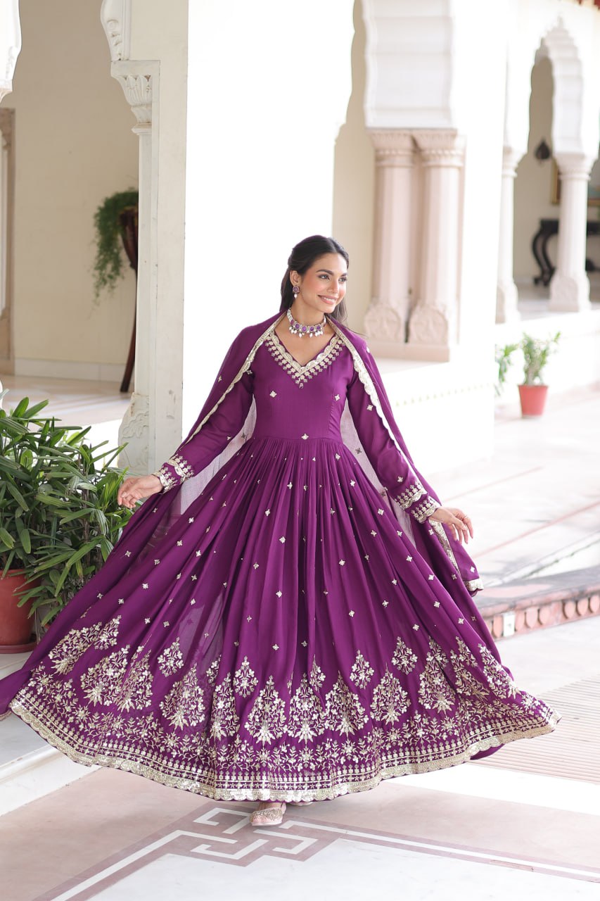 Wine Vichitra Silk Sequins Embroidered Anarkali Gown with Fancy V-Neck & Designer Dupatta – Fully Stitched Party & Festive Wear
