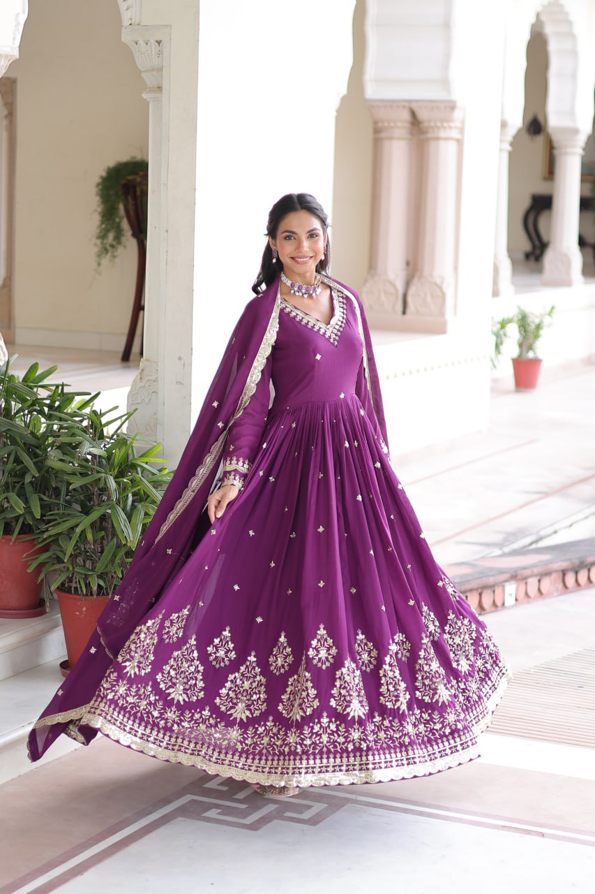 Wine Vichitra Silk Sequins Embroidered Anarkali Gown with Fancy V-Neck & Designer Dupatta – Fully Stitched Party & Festive Wear