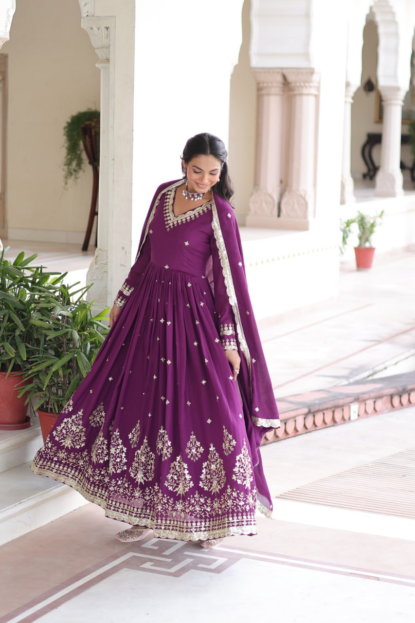 Wine Vichitra Silk Sequins Embroidered Anarkali Gown with Fancy V-Neck & Designer Dupatta – Fully Stitched Party & Festive Wear
