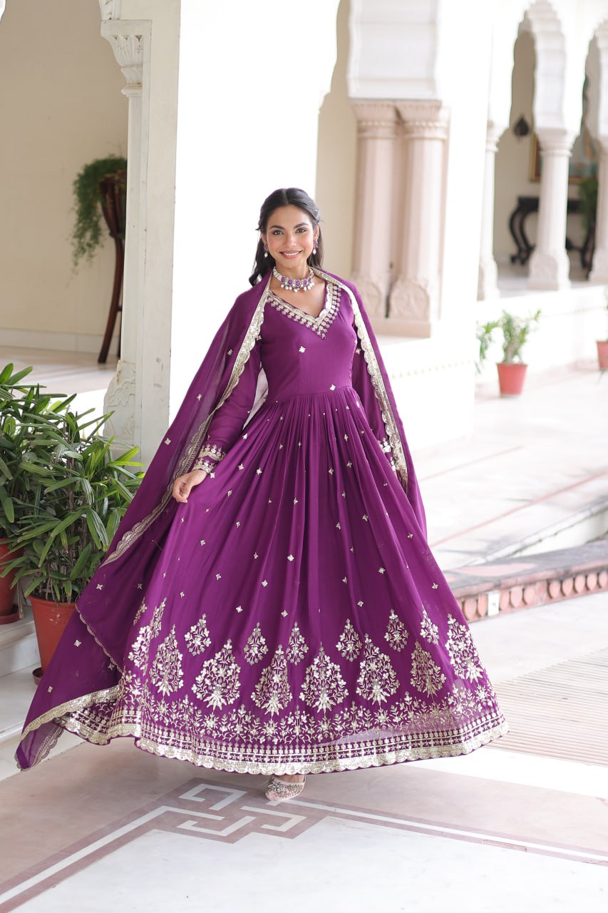 Wine Vichitra Silk Sequins Embroidered Anarkali Gown with Fancy V-Neck & Designer Dupatta – Fully Stitched Party & Festive Wear