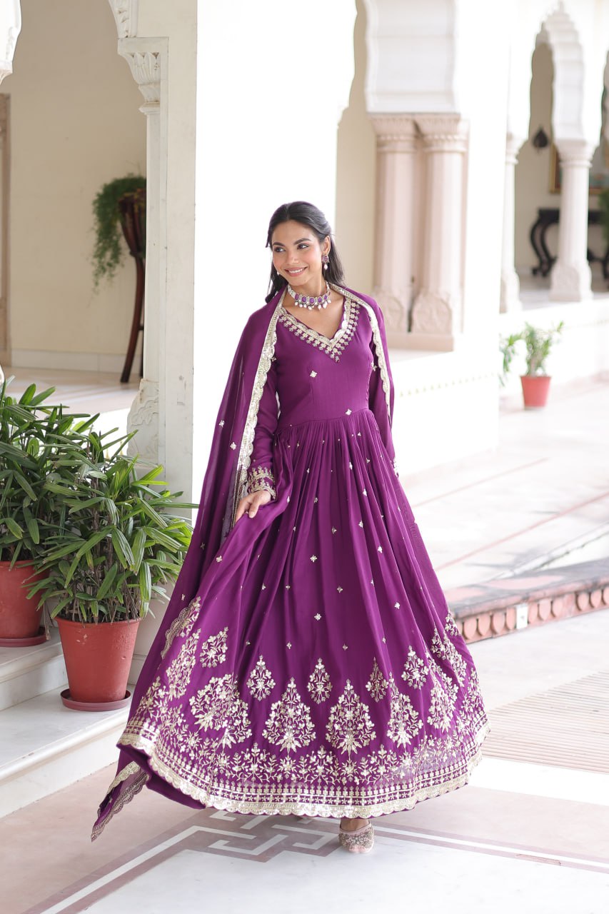 Wine Vichitra Silk Sequins Embroidered Anarkali Gown with Fancy V-Neck & Designer Dupatta – Fully Stitched Party & Festive Wear