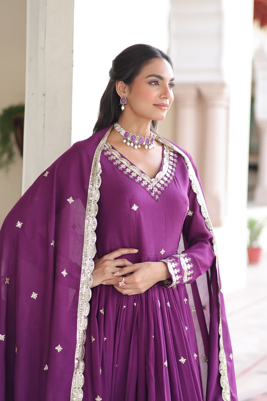Wine Vichitra Silk Sequins Embroidered Anarkali Gown with Fancy V-Neck & Designer Dupatta – Fully Stitched Party & Festive Wear