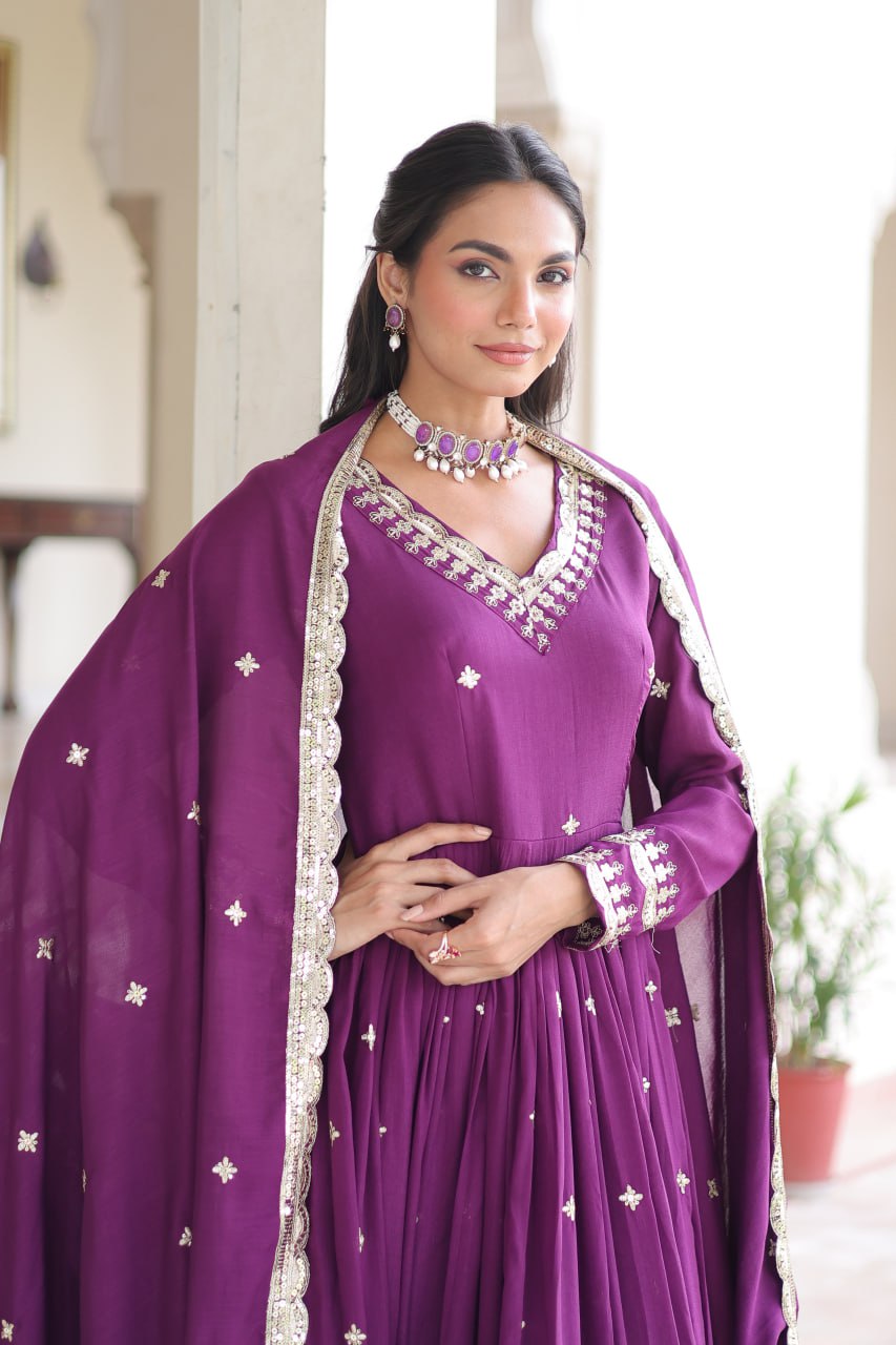Wine Vichitra Silk Sequins Embroidered Anarkali Gown with Fancy V-Neck & Designer Dupatta – Fully Stitched Party & Festive Wear