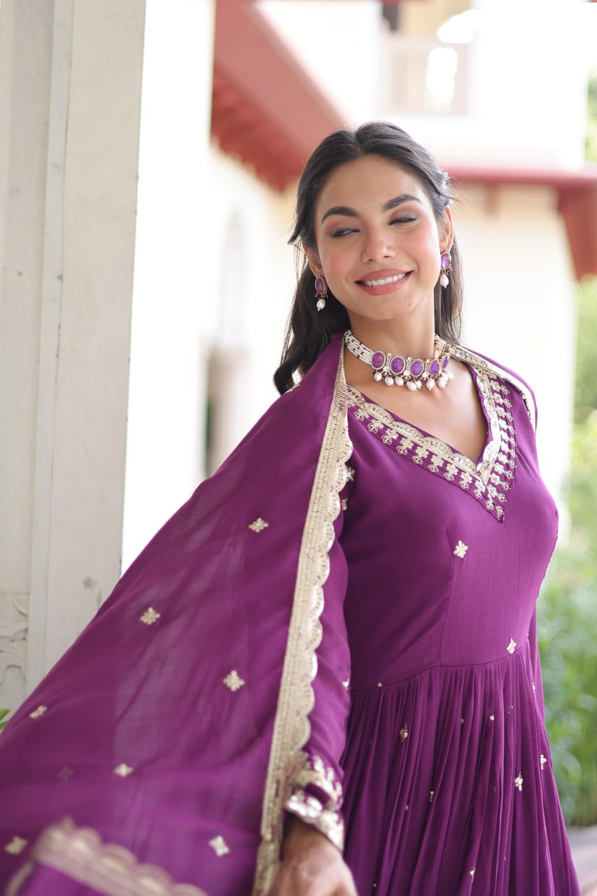 Wine Vichitra Silk Sequins Embroidered Anarkali Gown with Fancy V-Neck & Designer Dupatta – Fully Stitched Party & Festive Wear