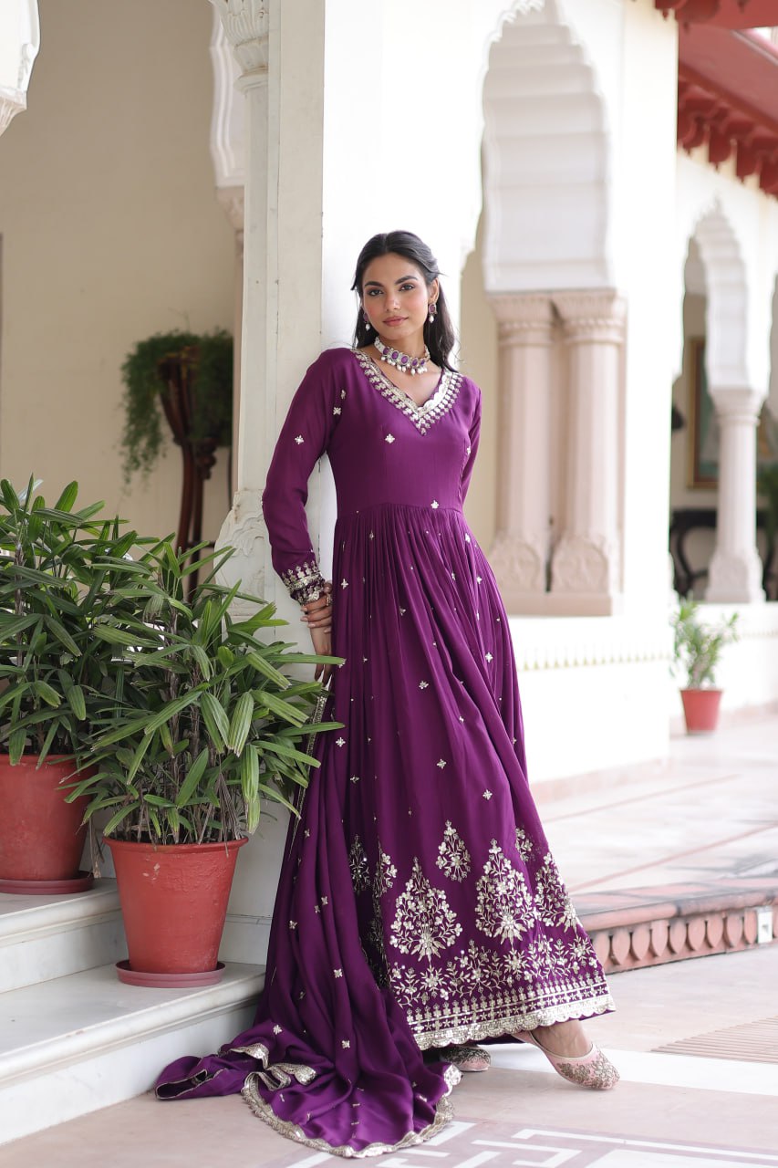 Wine Vichitra Silk Sequins Embroidered Anarkali Gown with Fancy V-Neck & Designer Dupatta – Fully Stitched Party & Festive Wear