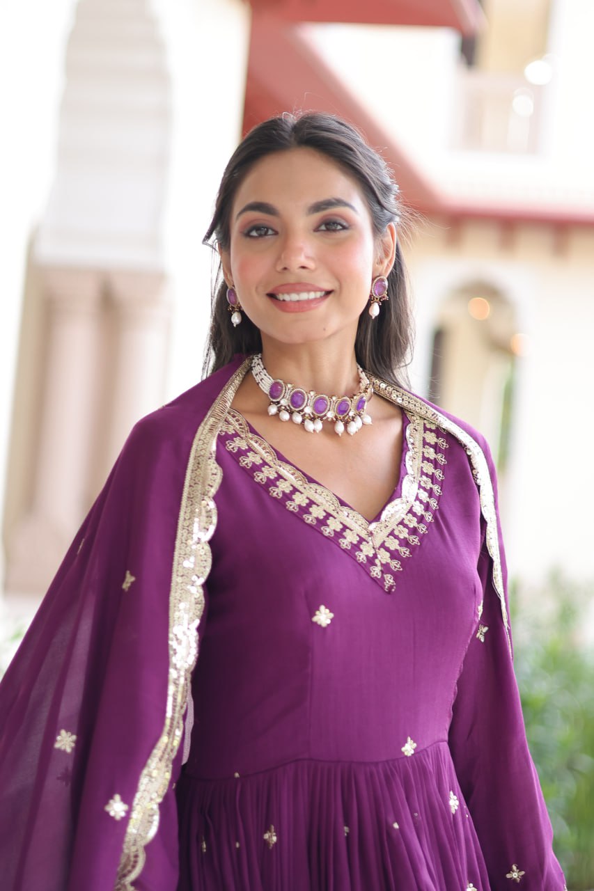 Wine Vichitra Silk Sequins Embroidered Anarkali Gown with Fancy V-Neck & Designer Dupatta – Fully Stitched Party & Festive Wear
