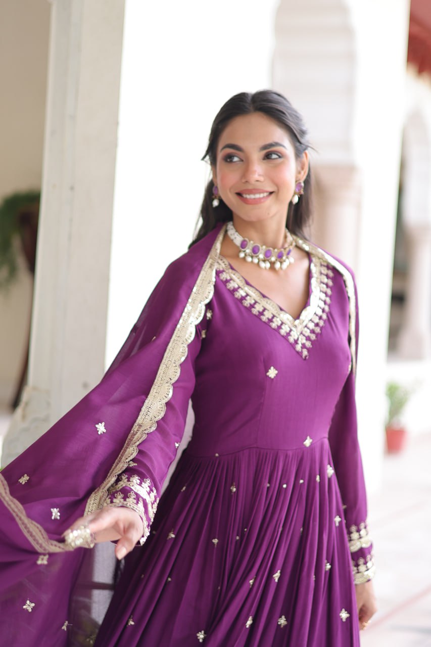 Wine Vichitra Silk Sequins Embroidered Anarkali Gown with Fancy V-Neck & Designer Dupatta – Fully Stitched Party & Festive Wear