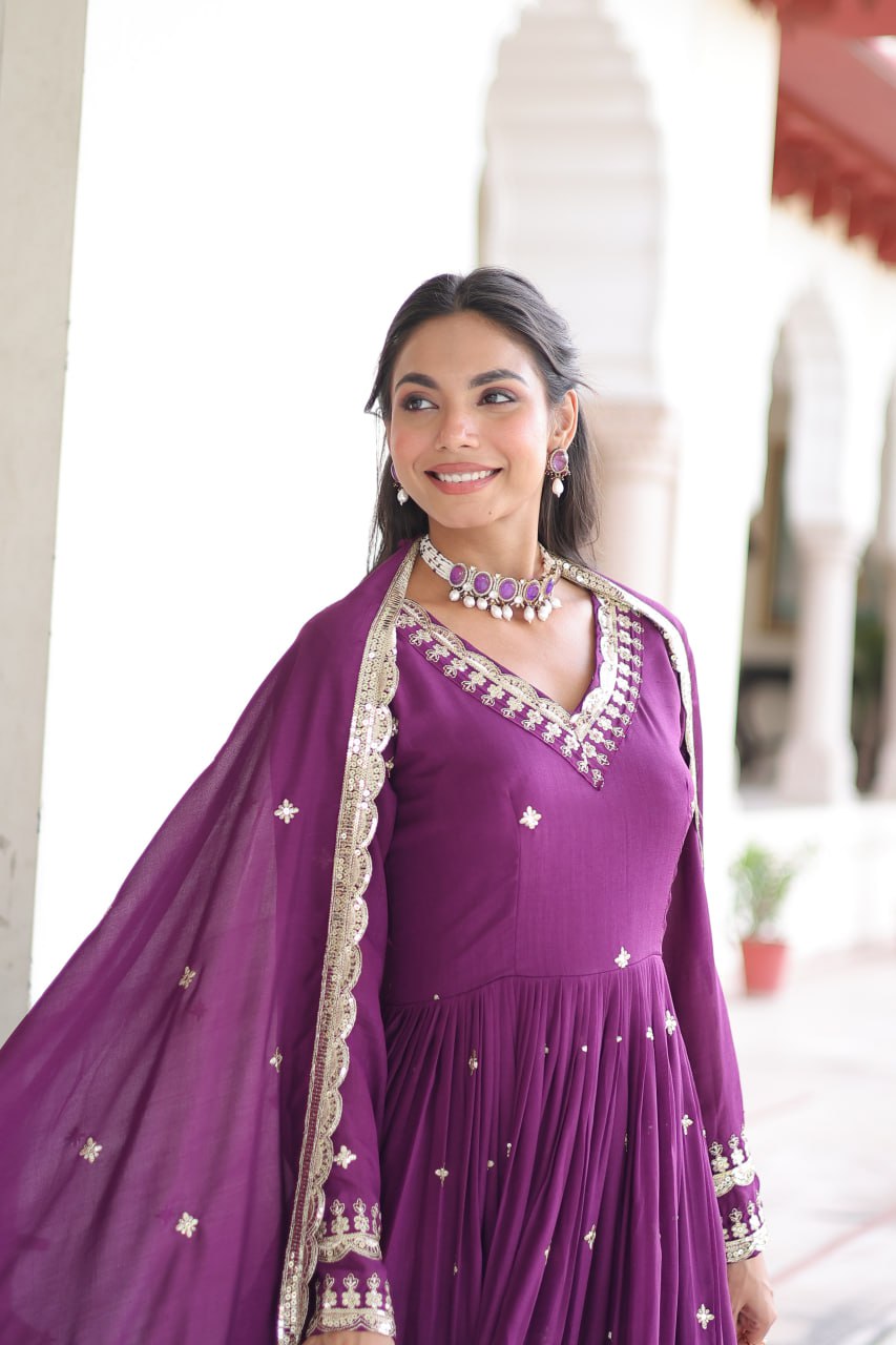 Wine Vichitra Silk Sequins Embroidered Anarkali Gown with Fancy V-Neck & Designer Dupatta – Fully Stitched Party & Festive Wear