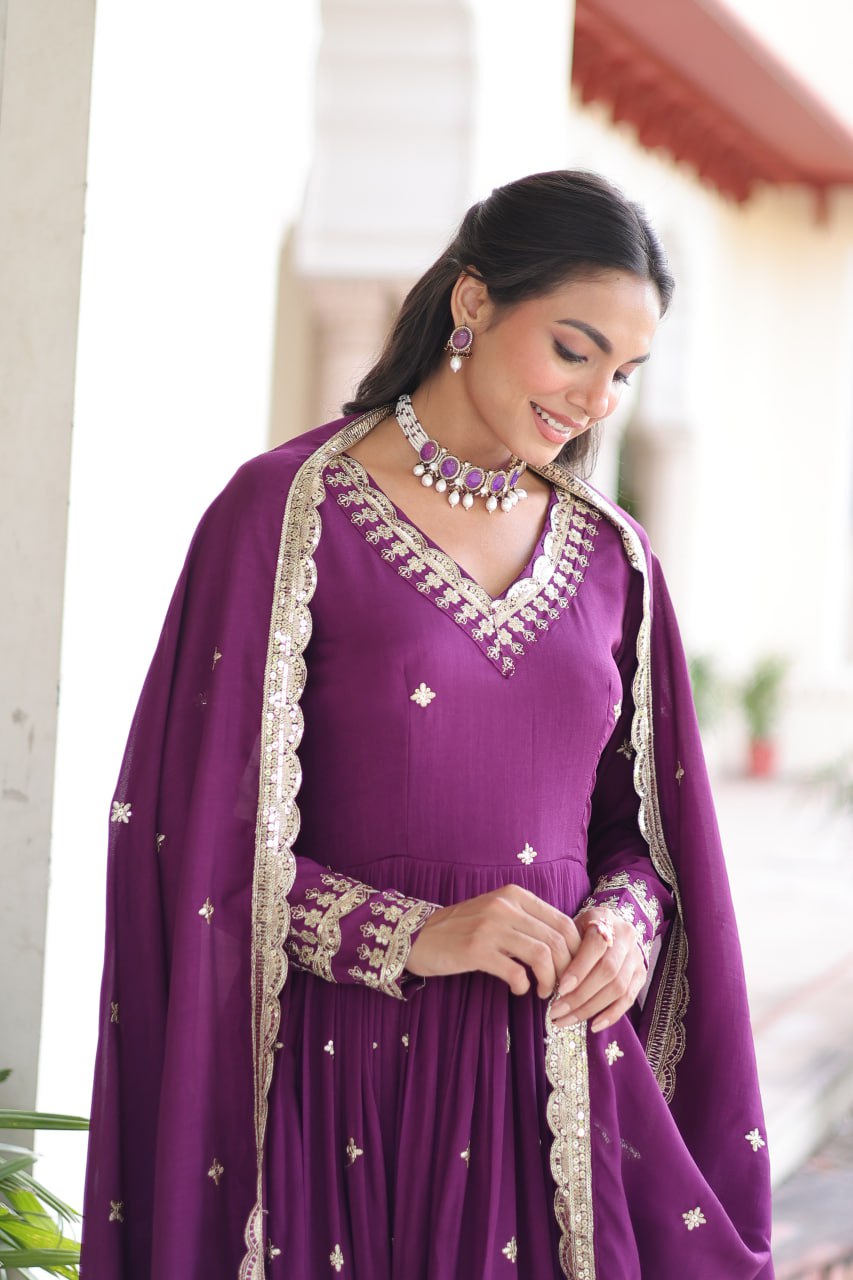 Wine Vichitra Silk Sequins Embroidered Anarkali Gown with Fancy V-Neck & Designer Dupatta – Fully Stitched Party & Festive Wear