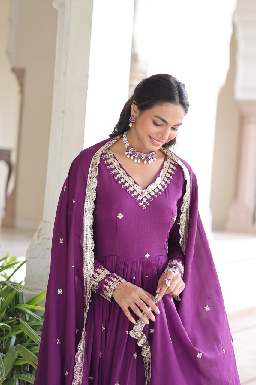 Wine Vichitra Silk Sequins Embroidered Anarkali Gown with Fancy V-Neck & Designer Dupatta – Fully Stitched Party & Festive Wear